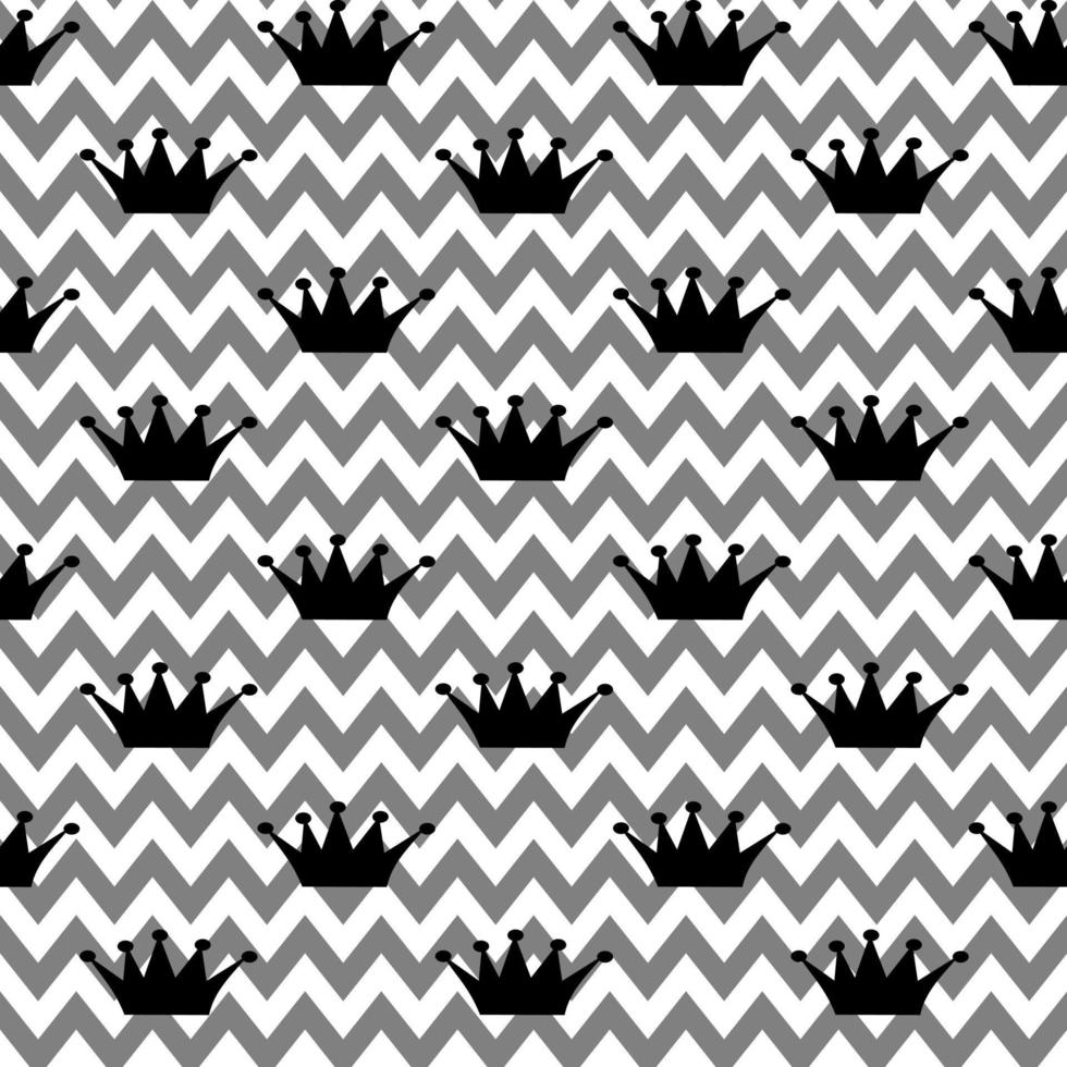 Vector seamless pattern. Princess black crown on zigzag white and white background. Holiday, wrapping, paper, gift, polite and Royal concept.