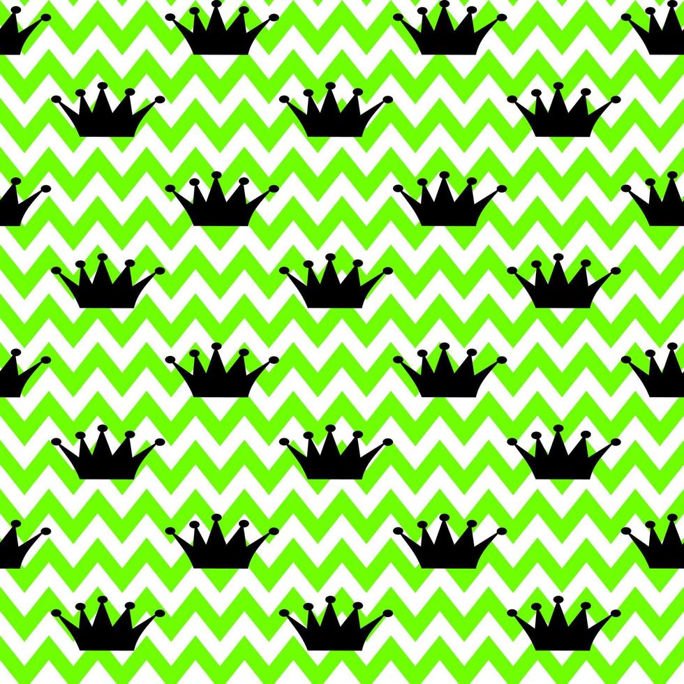 Vector seamless pattern. Princess black crown on zigzag white-green background. Holiday, wrapping, paper, gift, present, cloth, fabric, Christmas, baby, birthday, new year and Royal concept.