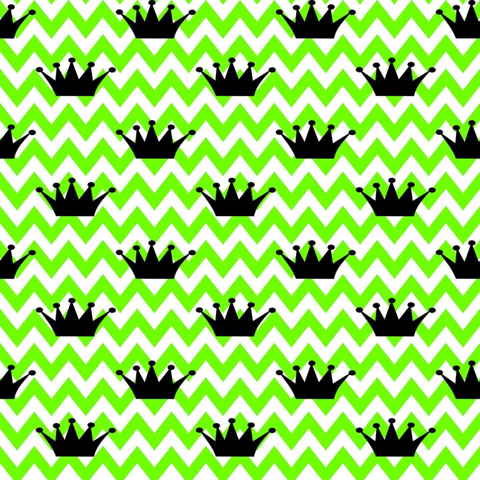 patrón transparente de vector. corona de princesa negra sobre fondo blanco-verde en zigzag. vacaciones, envoltura, papel, regalo, presente, tela, tela, navidad, bebé, cumpleaños, año nuevo y concepto real. vector