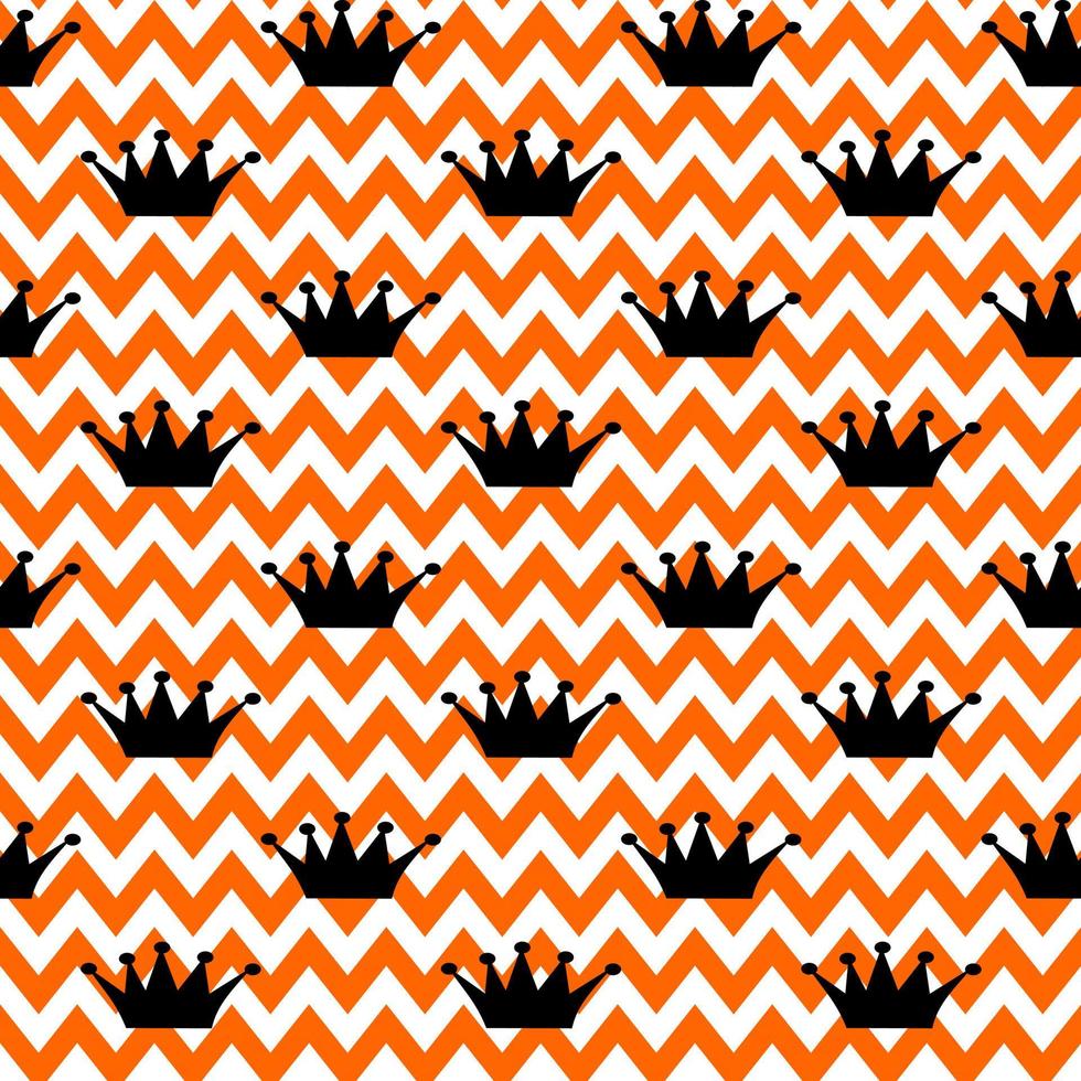 Vector seamless pattern. Princess black crown on zigzag white-orange background. Holiday, wrapping, paper, gift, present, cloth, fabric, Halloween, baby, birthday, Authum and Royal concept.