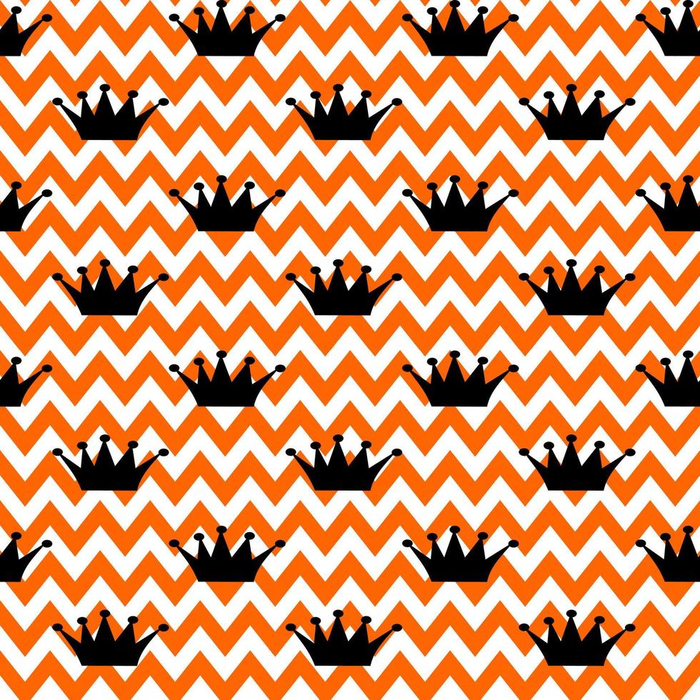 Vector seamless pattern. Princess black crown on zigzag white-orange background. Holiday, wrapping, paper, gift, present, cloth, fabric, Halloween, baby, birthday, Authum and Royal concept.