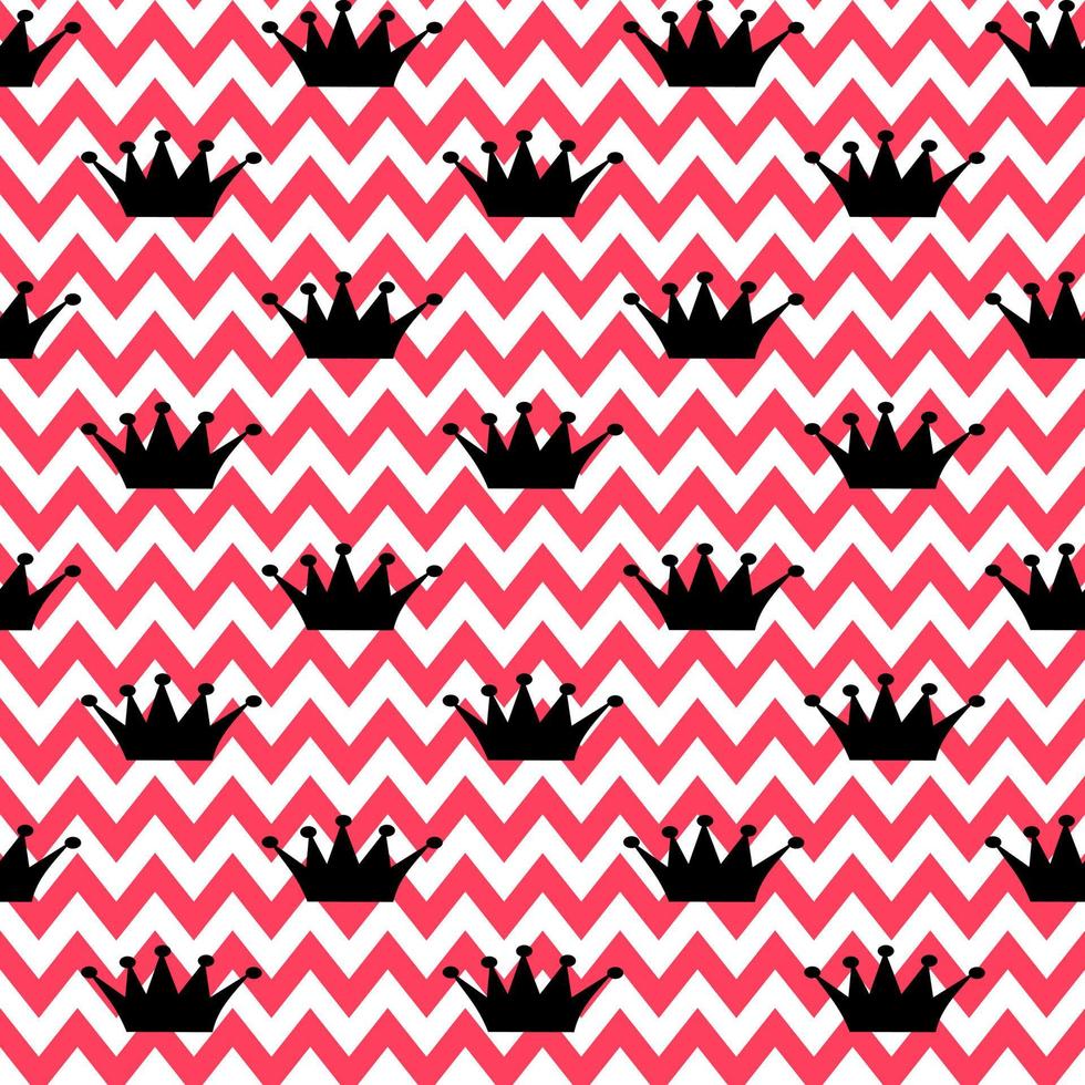 Vector seamless pattern. Princess black crown on zigzag white-red background. Holiday, wrapping, paper, gift, present, cloth, fabric, Christmas, baby, birthday, new year and Royal concept.