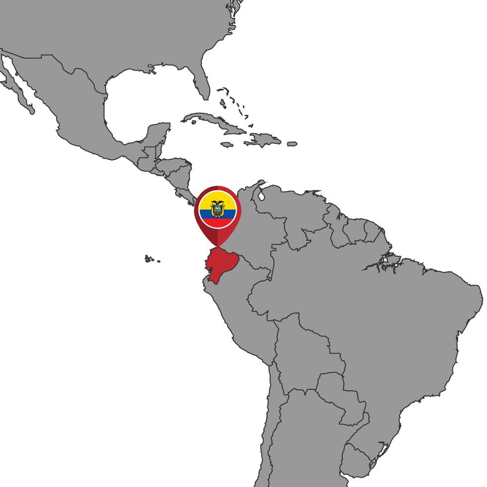 Pin map with Ecuador flag on world map. Vector illustration.