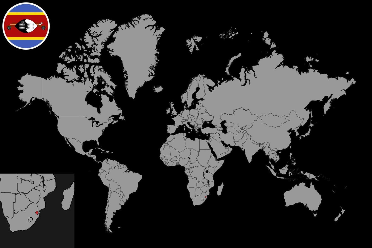 Pin map with Eswatini flag on world map. Vector illustration.