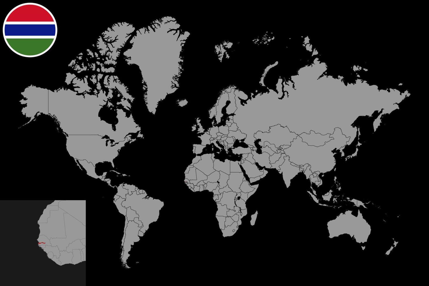 Pin map with Gambia flag on world map. Vector illustration.
