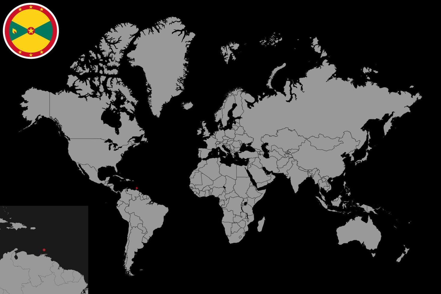 pin mapa con bandera de granada en el mapa mundial. ilustración vectorial vector
