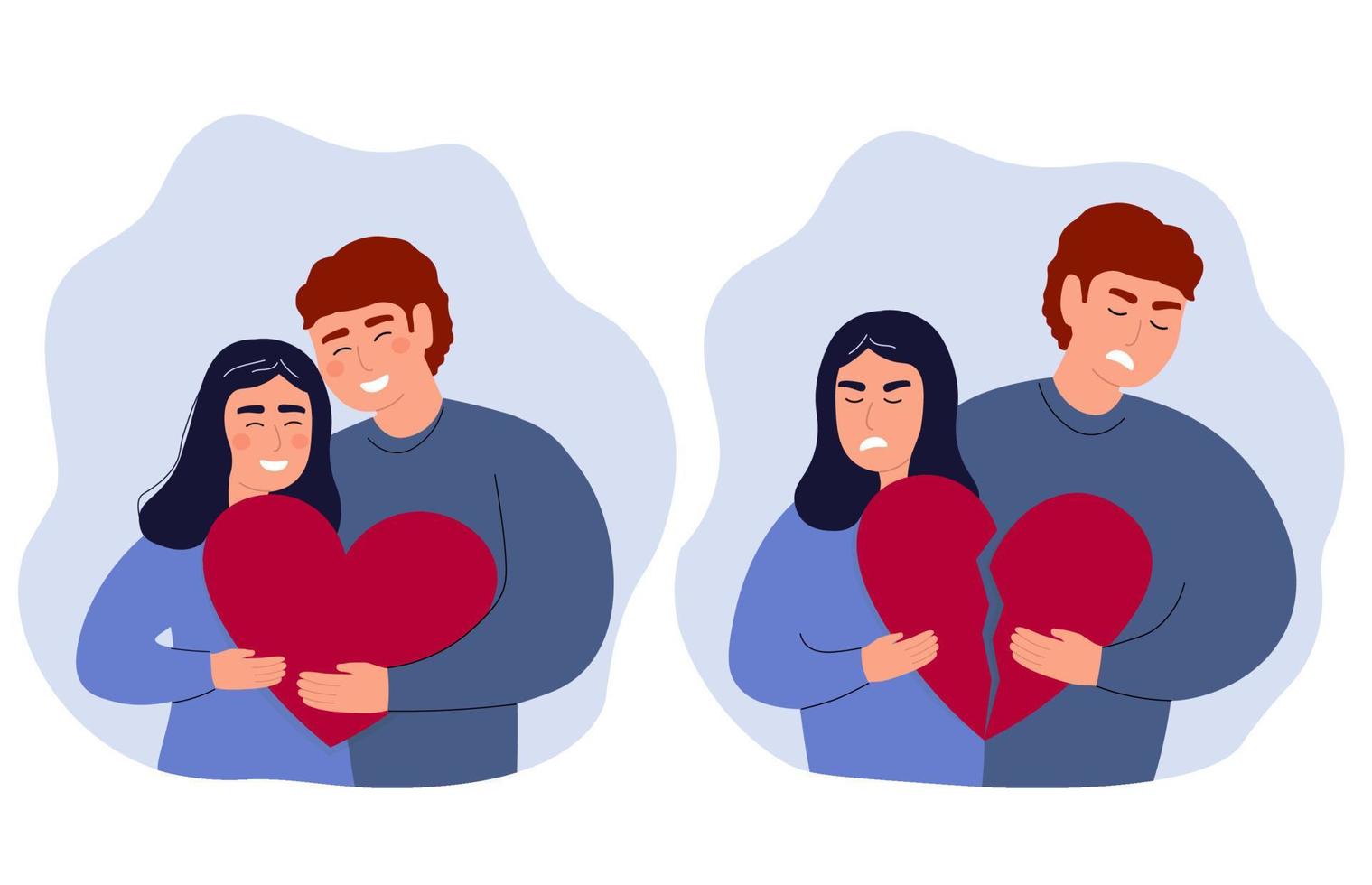 A couple of lovers are happy together. Husband and wife are holding a broken heart, decided to divorce. The concept of family relations. Vector graphics.