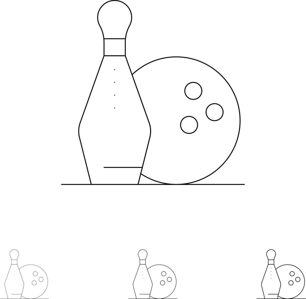 actividad bowling bowls keg ling negrita y delgada línea negra conjunto de iconos vector
