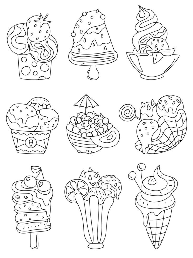 Cute doodle ice cream. Hand drawn cold desert set. Bowl, waffle cone, cup ice cream, mini melts small balls, eskimo pie, popsicle, sundae. Cafe menu, card, birthday decoration vector illustration