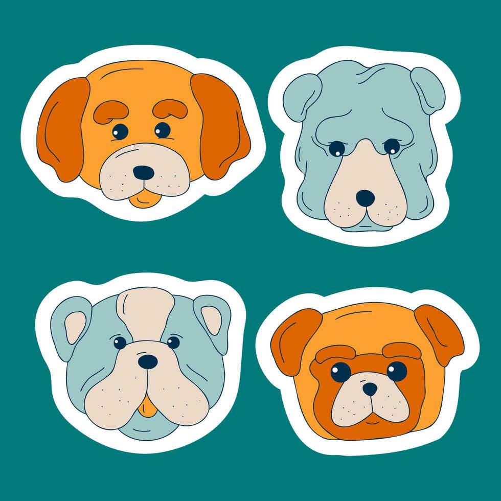 Cute dogs muzzle sticker set. Doodle color funny puppy faces. Dog heads. Different popular dog breeds. Flat canine portrait vector illustration for card print invitation cover