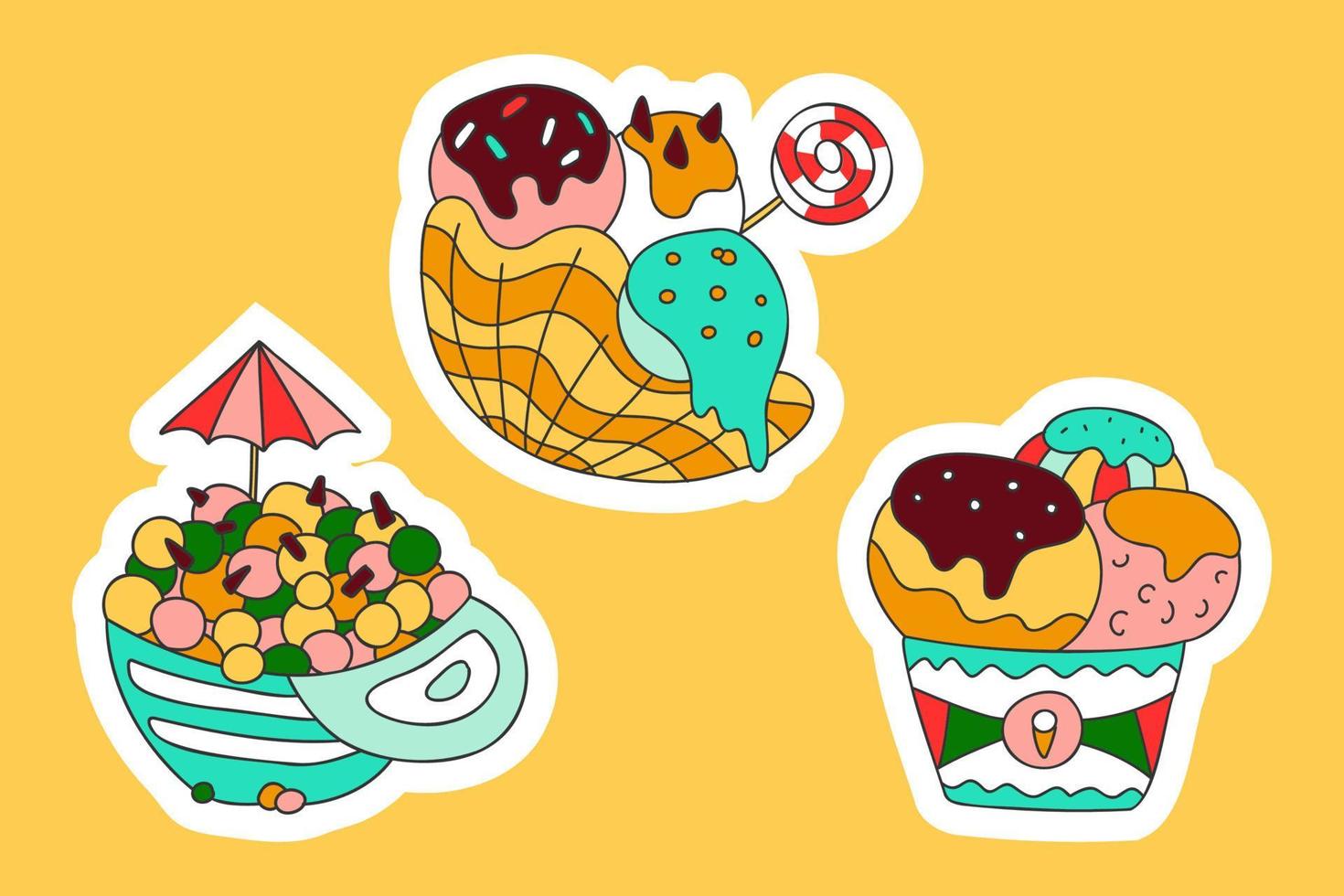 Cute deserts doodle stickers. Mini melts small balls, ice cream with lolypop taco waffle, scoops in cup. Cold summer sweets with toppings for print birthday decor card party vector illustration