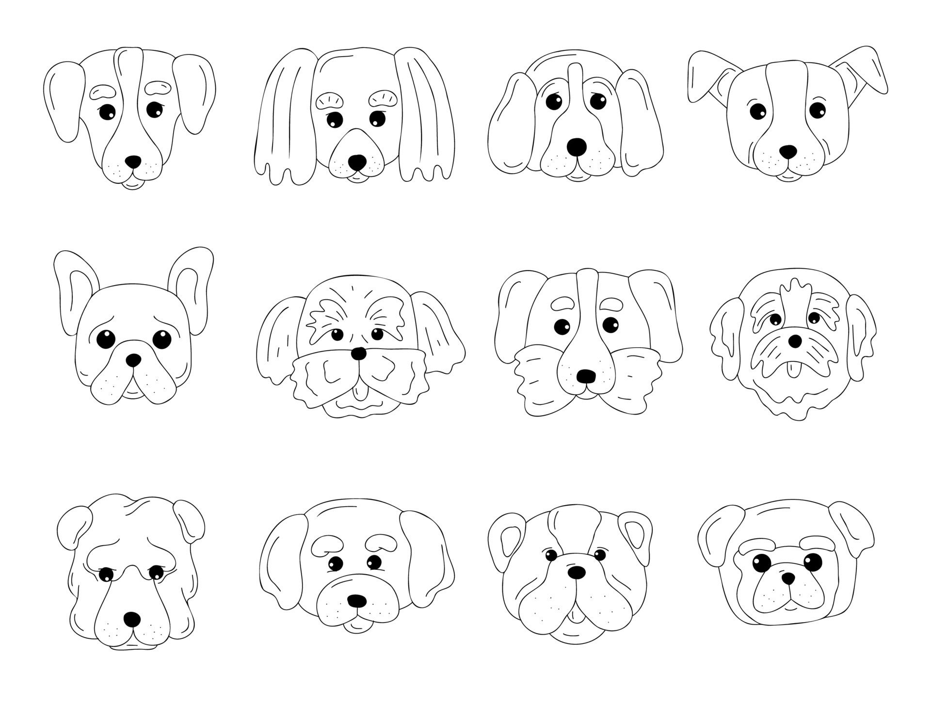 Line art popular dog breeds faces. Canine breeds cute muzzle in doodle  style set. Ink hand drawn heads funny puppies. Pets portrait contour simple  kids style vector illustration for card print tattoo