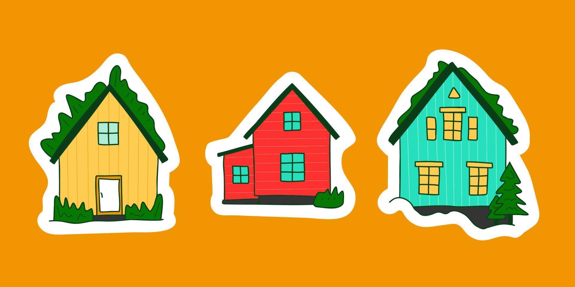 Islandia cute rustic houses stickers set. Bright red blue yellow nordic house with grass roof. Typical norway rural buildings. Northern facades made of sandwich panels. Vector illustration for card