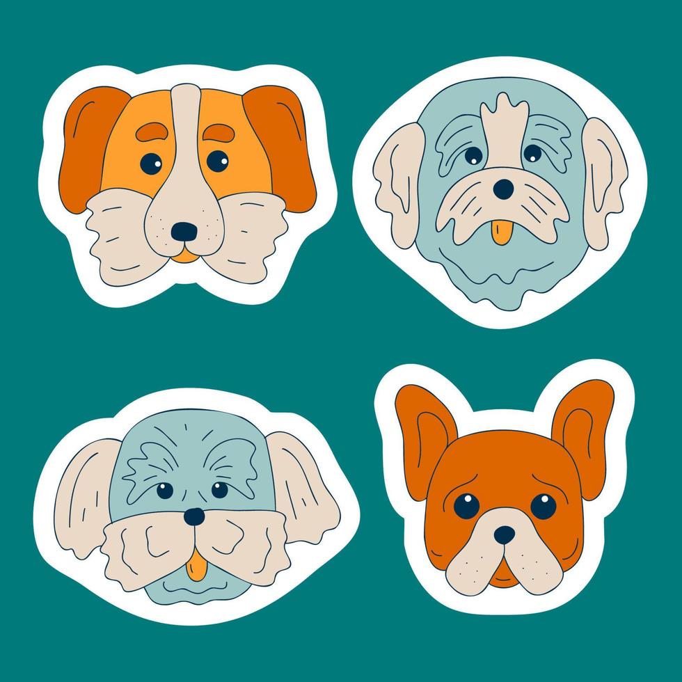 juego de pegatinas de hocico de perros lindos. caras de cachorros divertidos de color de garabato. cabezas de perro diferentes razas de perros populares. ilustración de vector de retrato canino plano para cubierta de invitación de impresión de tarjeta