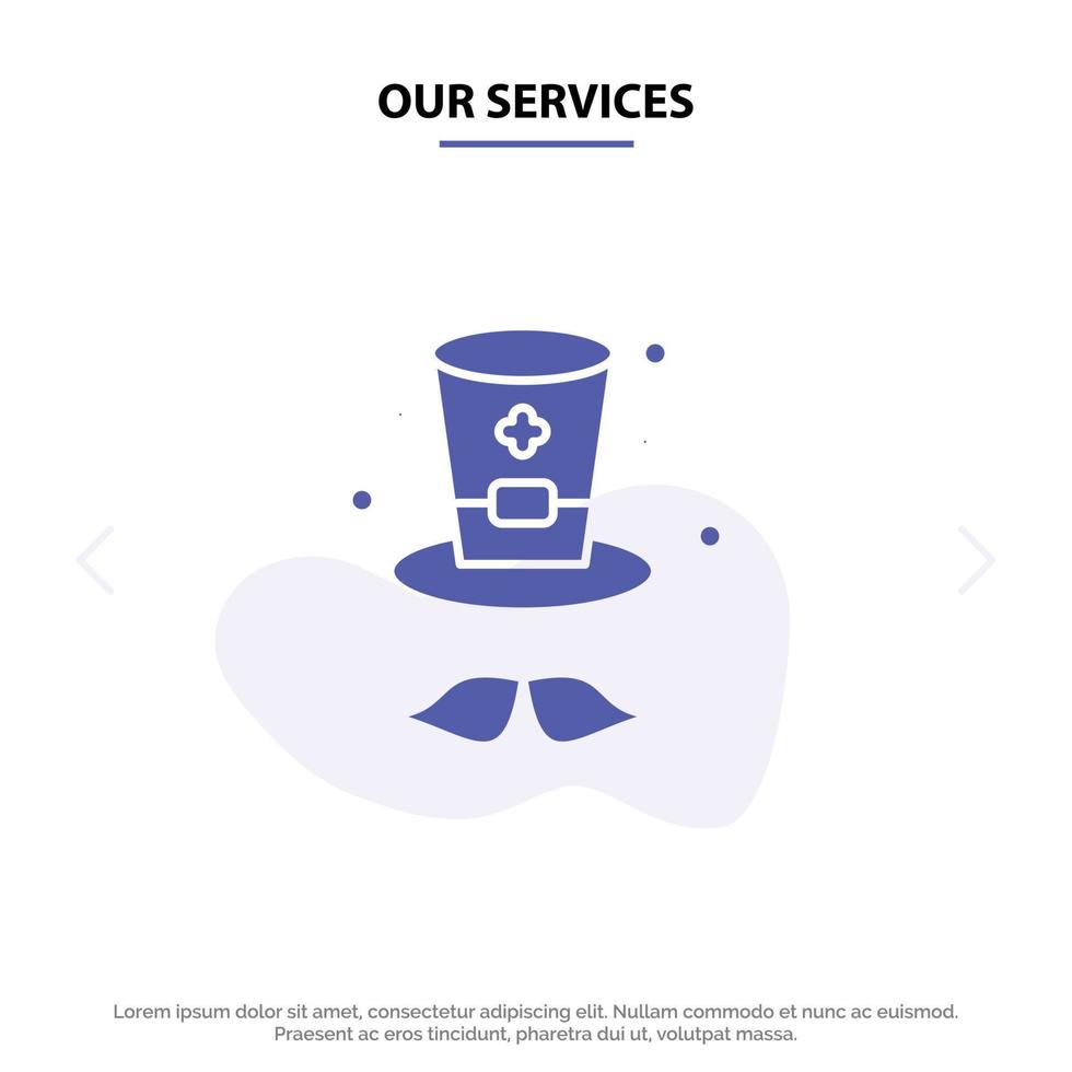 nuestros servicios gorra irlanda icono de glifo sólido plantilla de tarjeta web vector