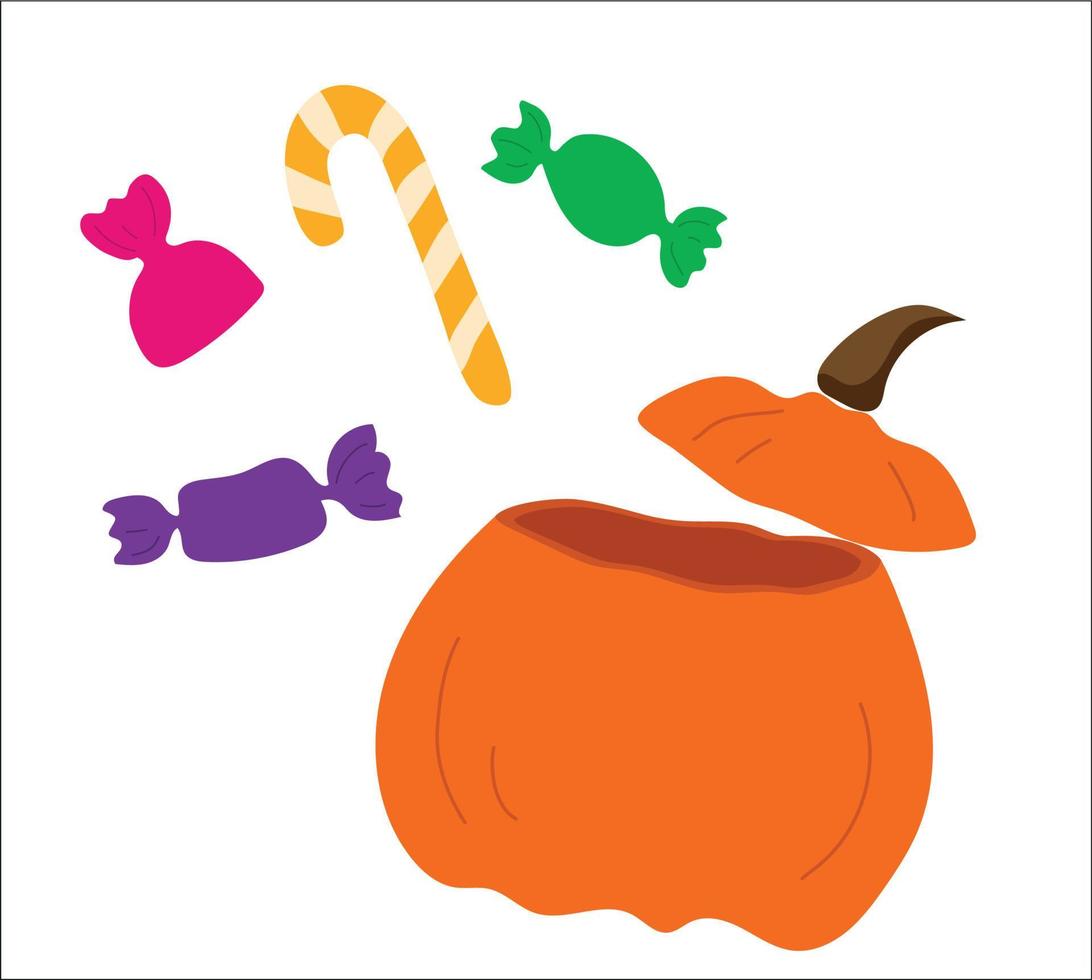 Scary pumpkin with Halloween candy. Pumpkin lantern, Halloween symbol. Design template on a light background. Vector drawing.