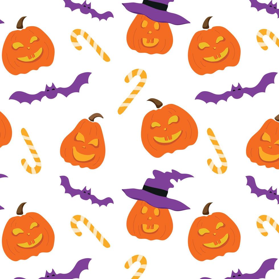 Seamless pattern with pumpkins jack o lanterns and bats for Halloween. The art of carving. Modern design. vector