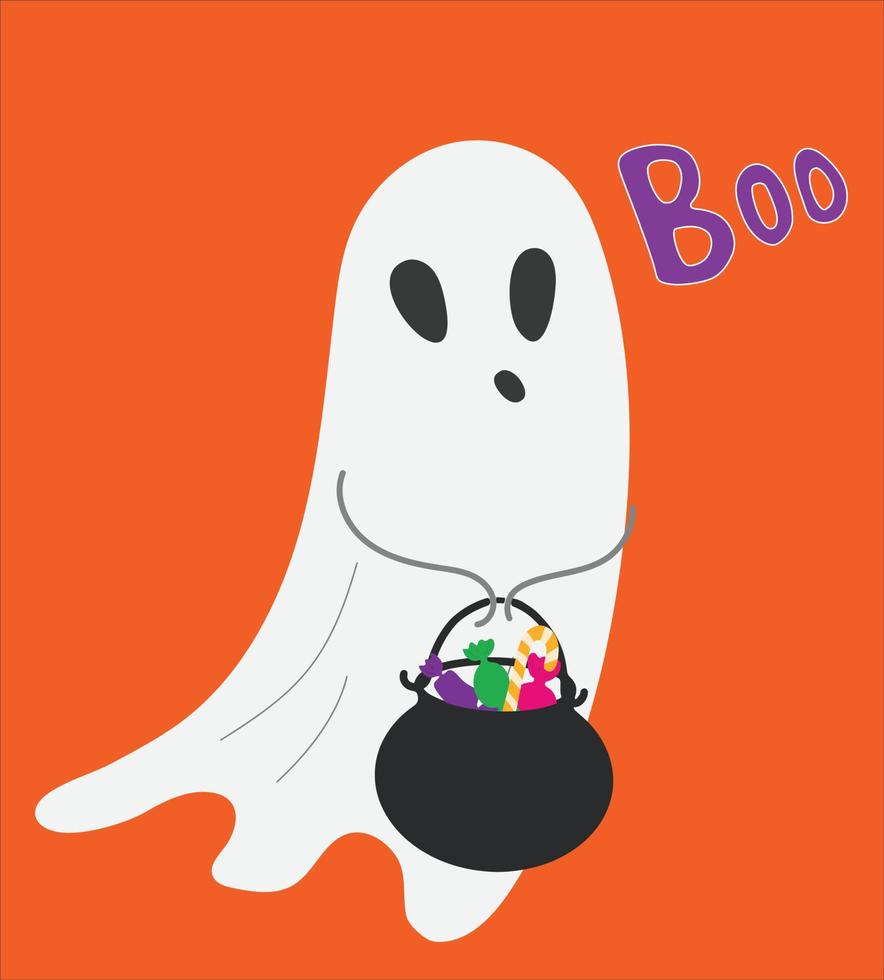 lindo fantasma con dulces de halloween. ilustración vectorial de miedo. decoración festiva lindo espíritu de halloween vector
