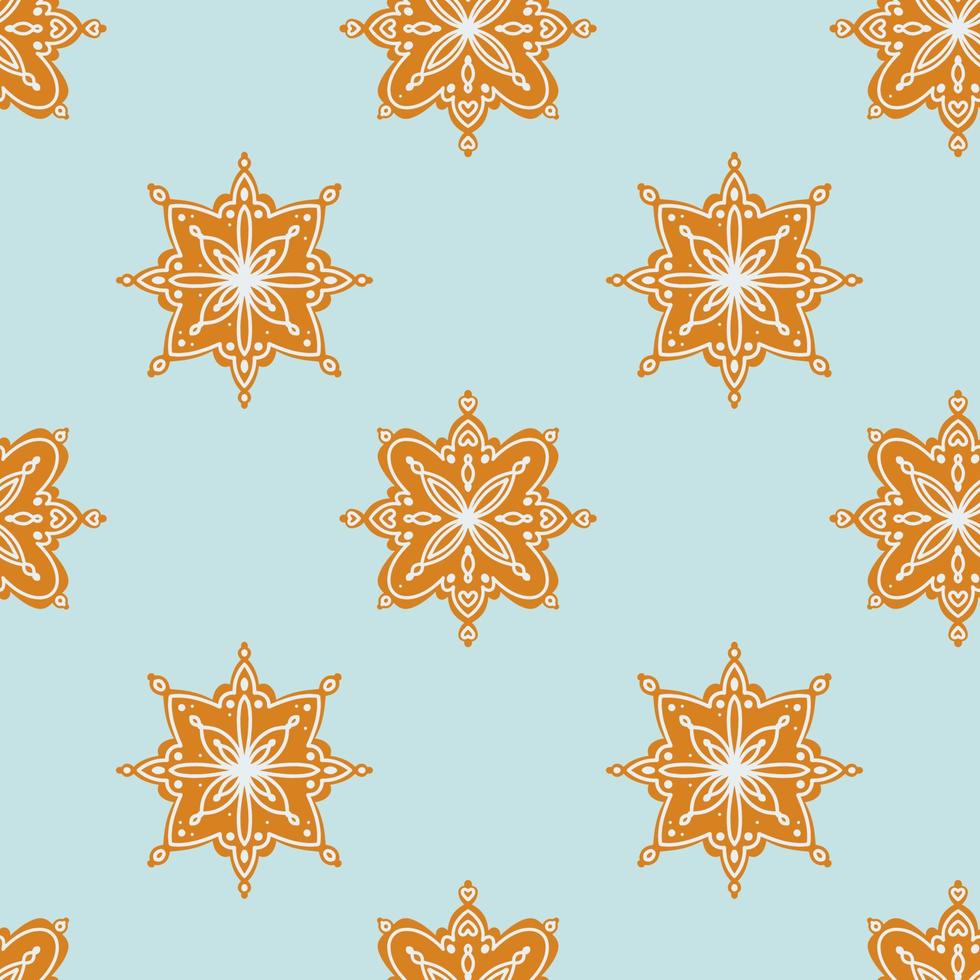 Seamless pattern of gingerbread in the form of snowflakes decorated with sugar icing. Background for packaging, invitations, fabrics and any design. Traditional background design. vector