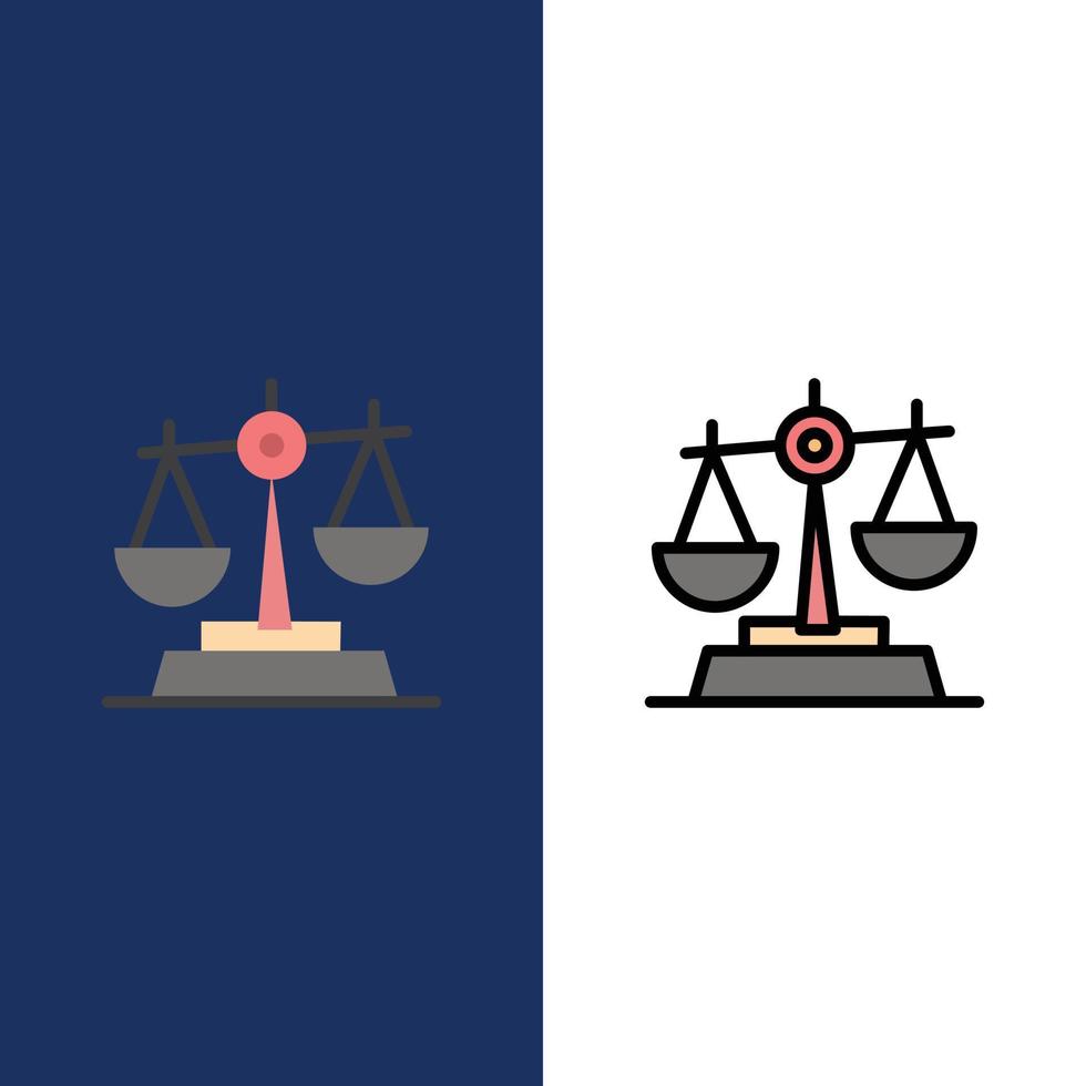 gdpr justicia ley equilibrio iconos plano y línea llena conjunto de iconos vector fondo azul