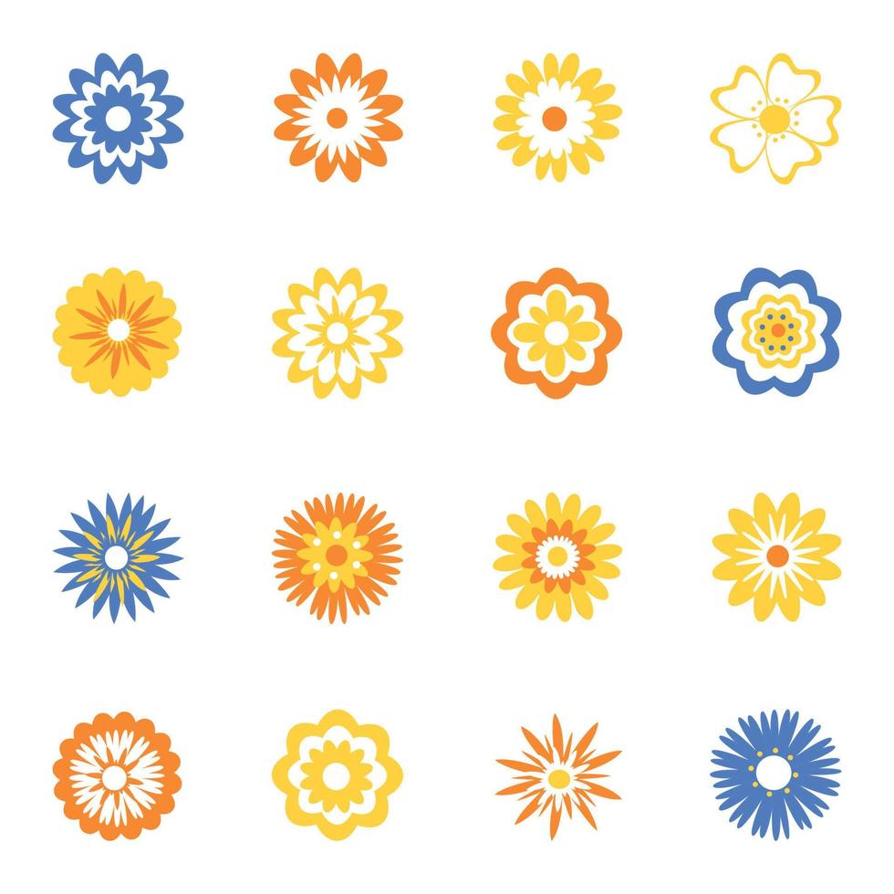 Set of flat icons of multicolored decorative flowers isolated on white. Cute bright flowers for stickers, postcards, banners, business cards vector