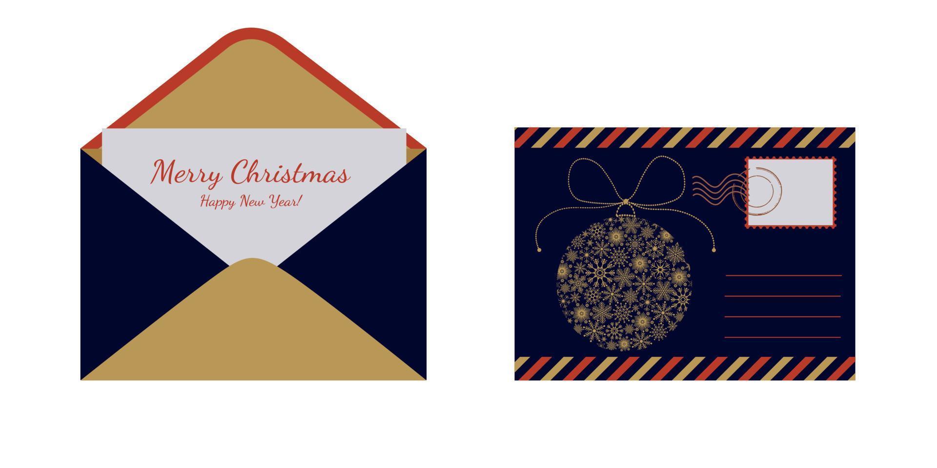 An envelope with a postcard and the inscription Merry Christmas and New Year. An envelope with a Christmas ball. Vector illustration