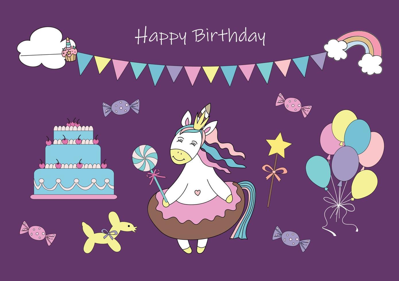 Birthday card. Cute princess unicorn, cake, candies and balloons. Vector illustration. White background.