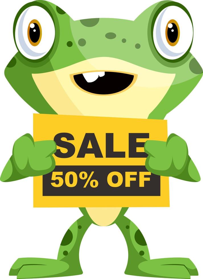 Cheerful baby frog holding a sign for sale, illustration, vector on white background.