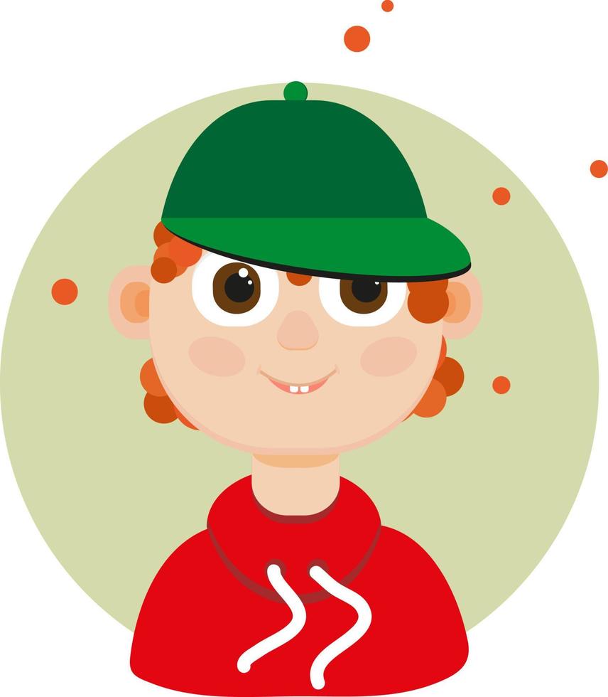 Boy with green baseball hat, illustration, vector on a white background.