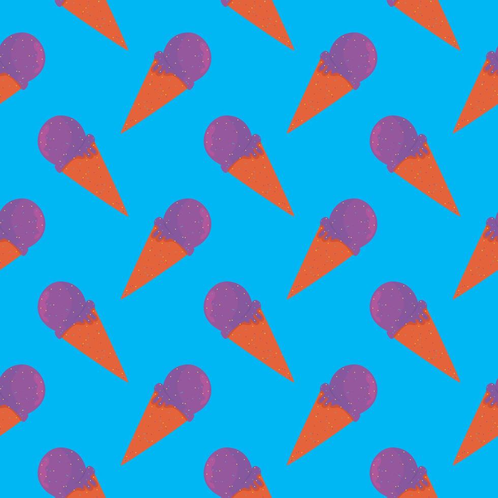 Purple ice cream in a cone ,seamless pattern on blue background