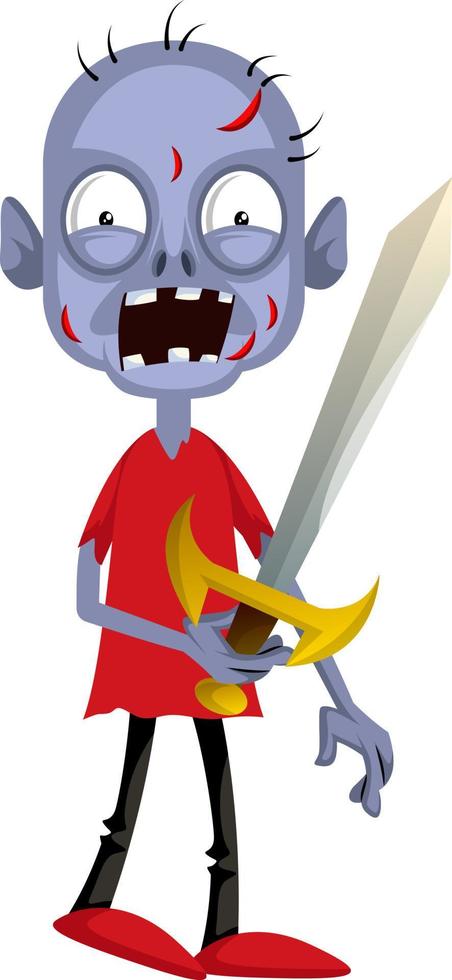 Zombie with sword, illustration, vector on white background.