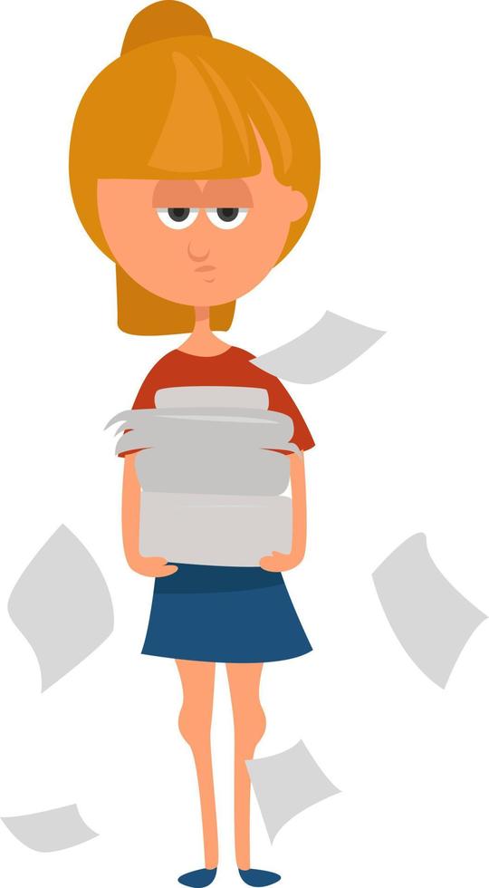 Woman with bunch of papers, illustration, vector on white background