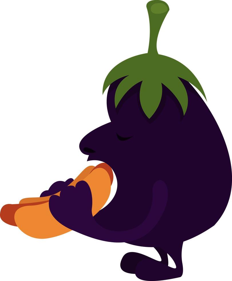 Eggplant eating hotdog, illustration, vector on a white background.