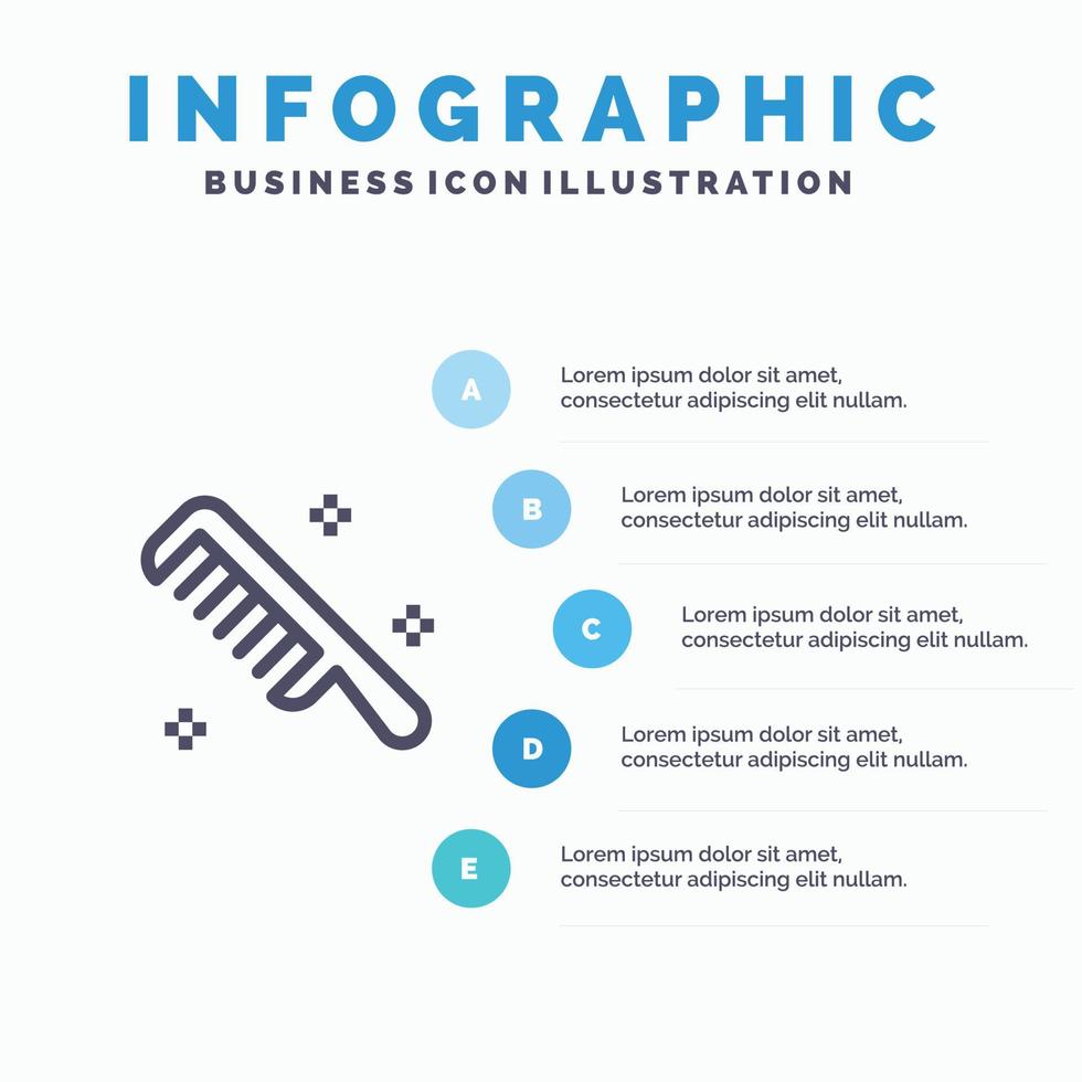 cepillo, peine, cosmético, línea limpia, icono, con, 5 pasos, presentación, infografía, plano de fondo vector