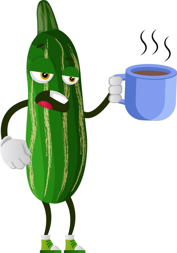 Cucumber drinking tea, illustration, vector on white background.