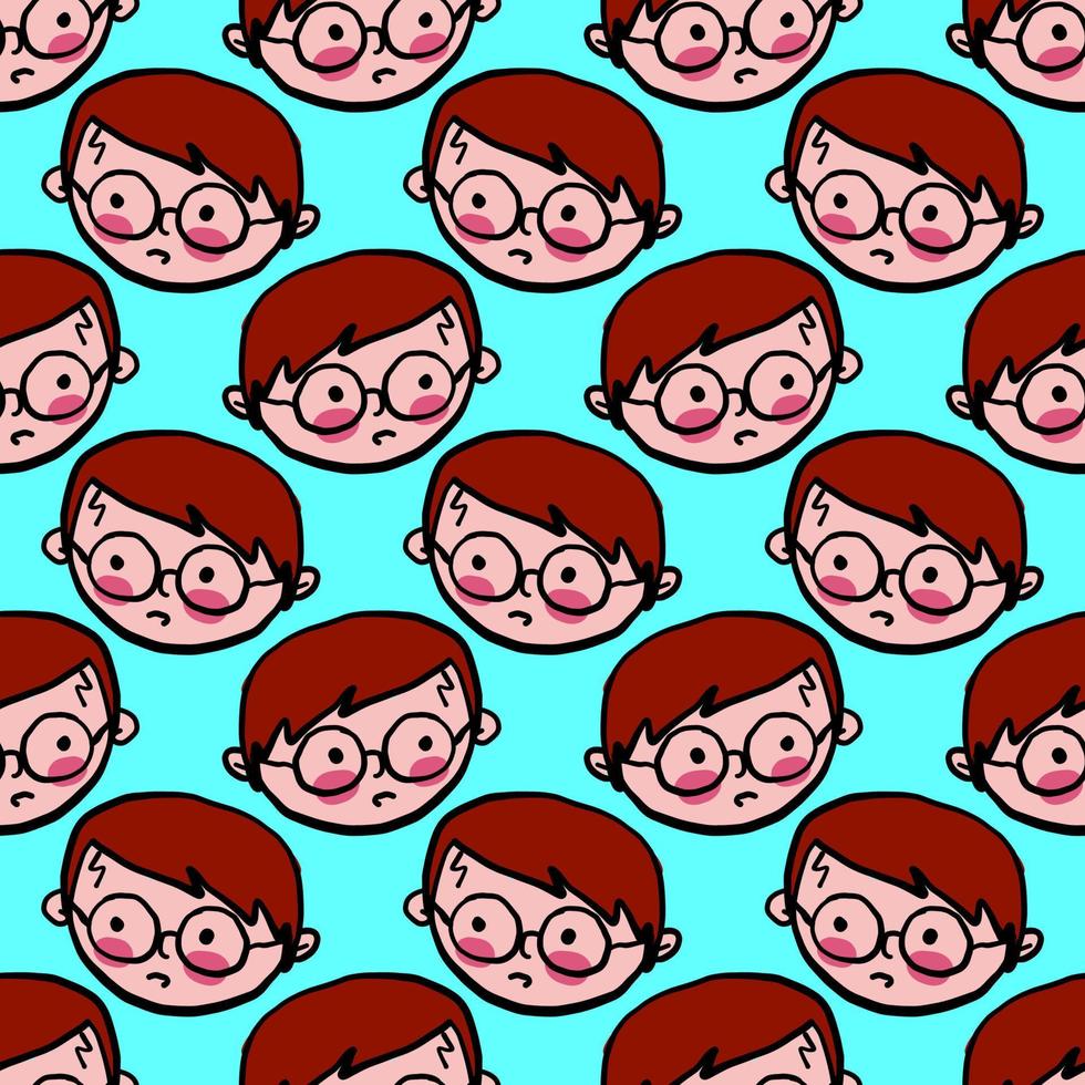Boy with glasses, seamless pattern on blue background. vector