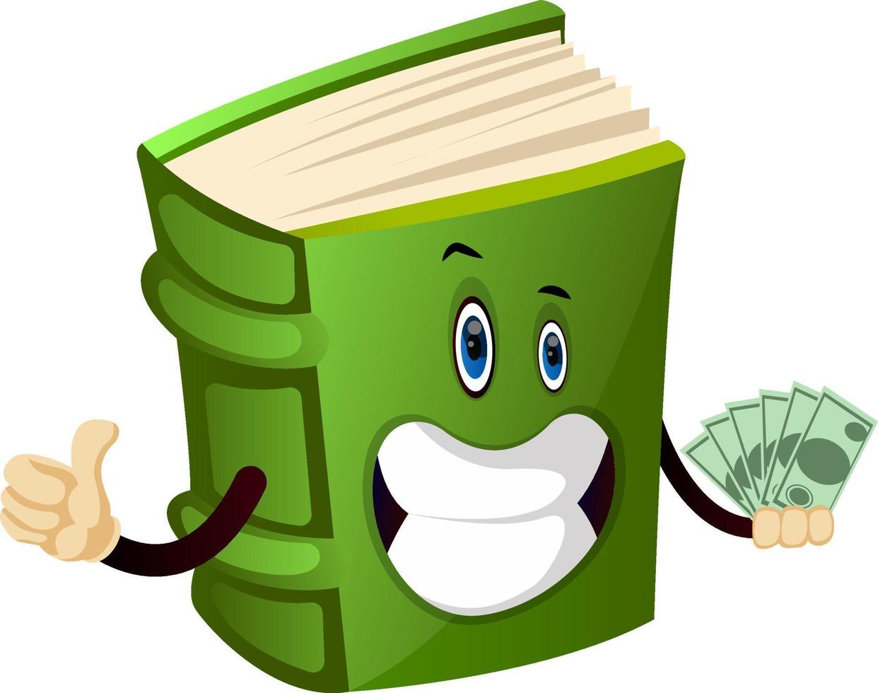 Cartoon book character is holding money, illustration, vector on white background.