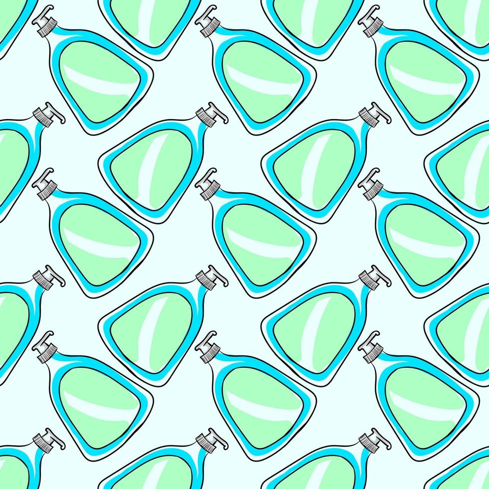 Soap in bottle, seamless pattern on blue background. vector