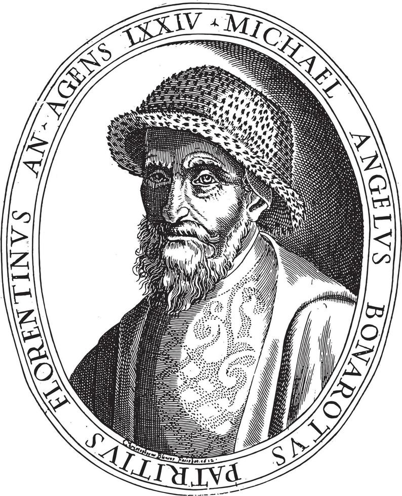 Portrait of artist Michelangelo, Cristoforo Blanco, 1612, vintage illustration. vector