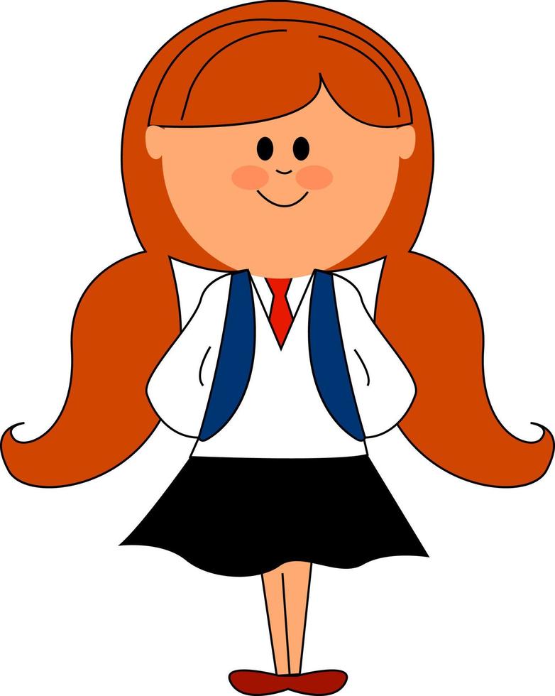 Pequeña colegiala con pelo rojo, ilustración, vector sobre fondo blanco.