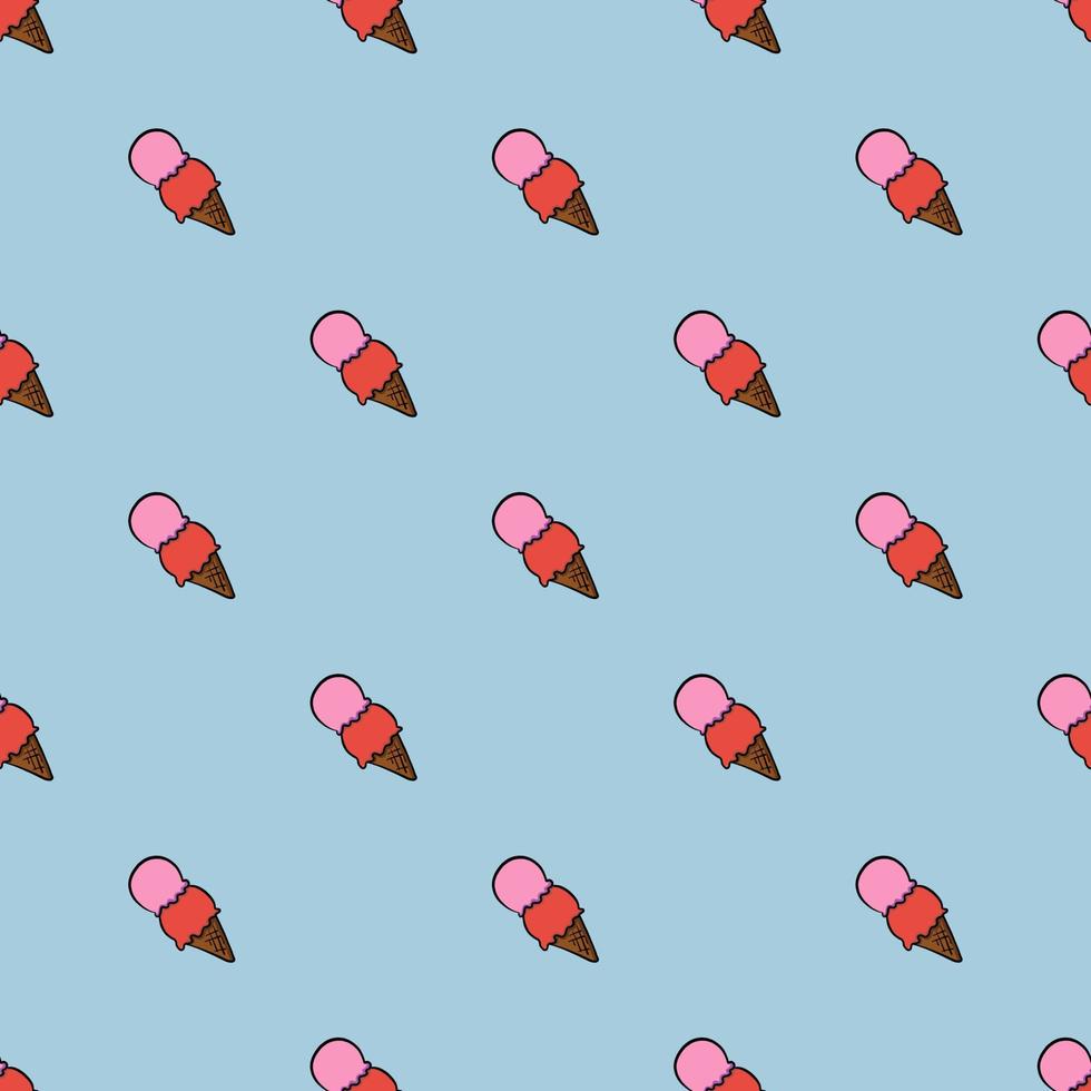 Scoops of ice cream in a cone ,seamless pattern on light blue background. vector