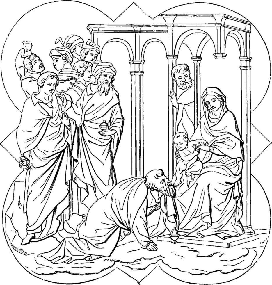 Offering of the Wise Men, vintage illustration vector