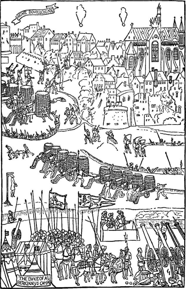 asedio de bologne por el rey henry viii, detalle del grabado cowdray, ilustración vintage vector