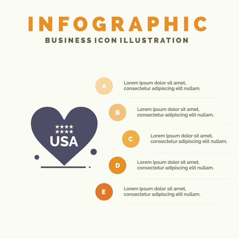 corazón amor americano estados unidos sólido icono infografía 5 pasos presentación antecedentes vector