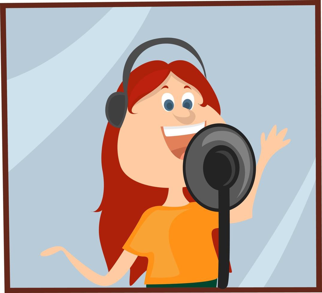 mujer grabando una canción, ilustración, vector sobre fondo blanco