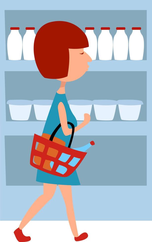 mujer, compras, en, supermercado, ilustración, vector, blanco, plano de fondo vector