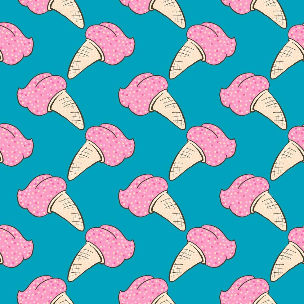 Pink ice cream in a cone , seamless pattern on a blue background. vector
