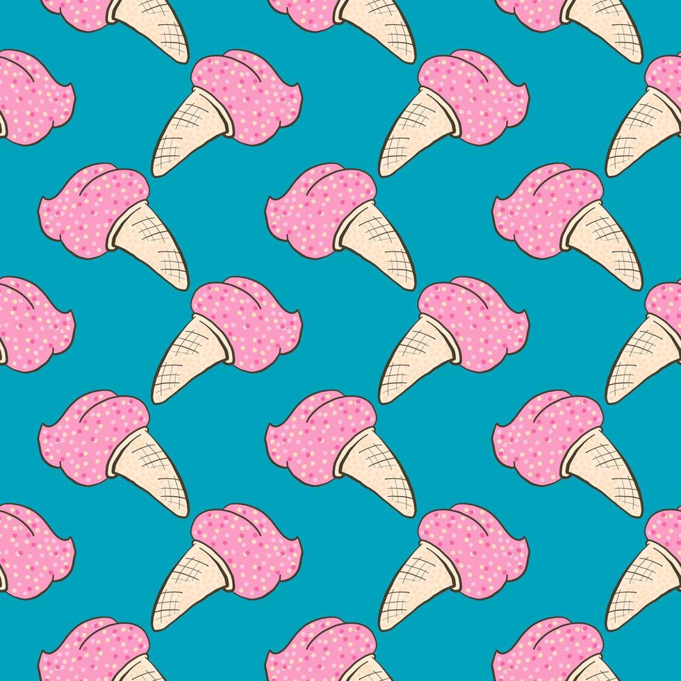 helado rosa en un cono, patrón transparente sobre un fondo azul. vector