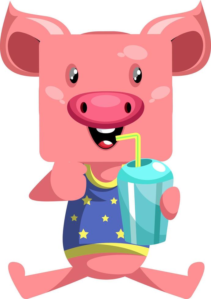 Pig with water, illustration, vector on white background.