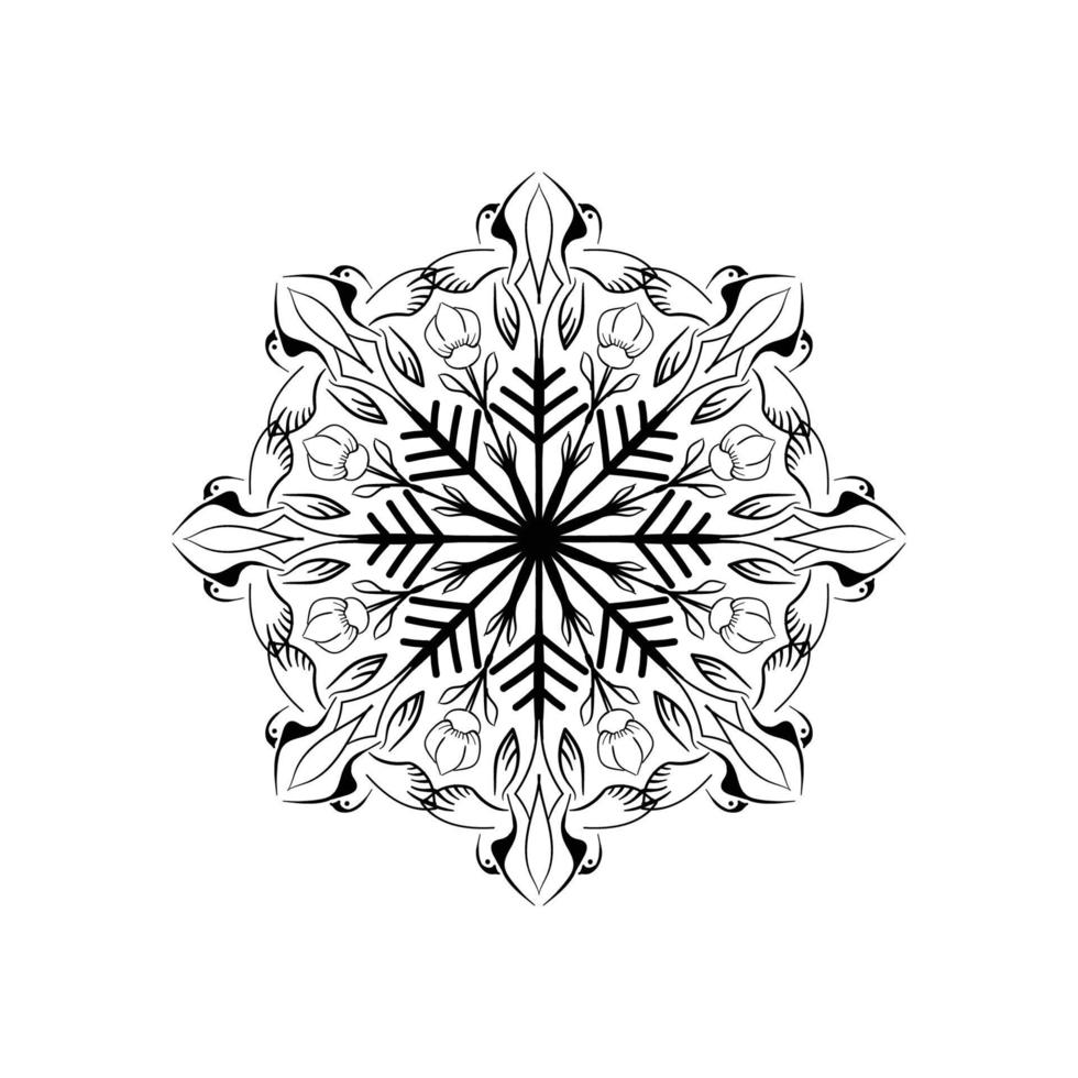 Mandala with three ornate beautiful flying birds and floral background. Good quality coloring book for adult and children. Editable hand drawn vector illustration.